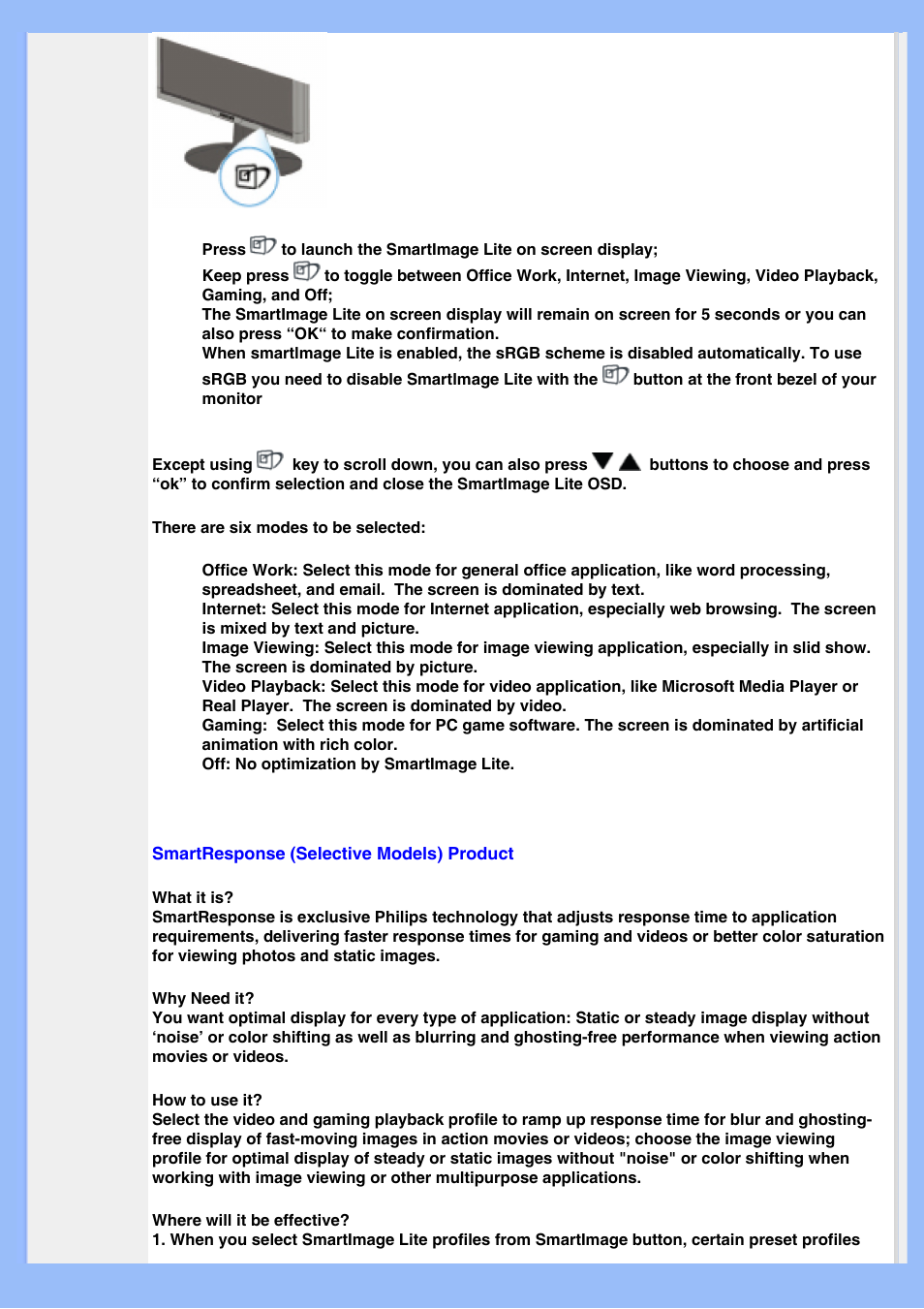 Smart, Response | Philips 220BW8EB-27 User Manual | Page 27 / 85