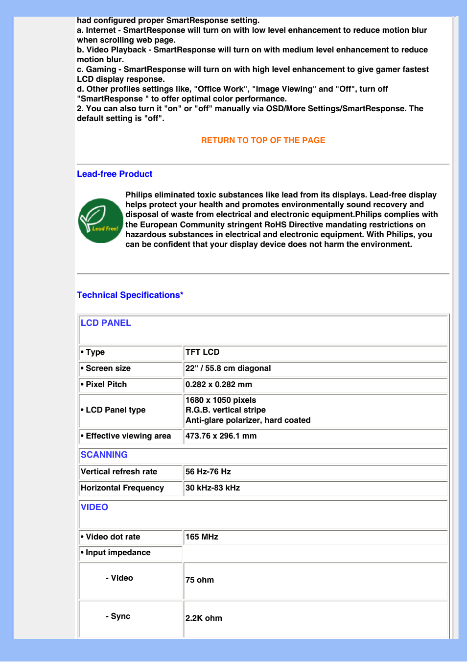 Lead-free, Product, Technical | Specifications | Philips 220BW8EB-27 User Manual | Page 28 / 85