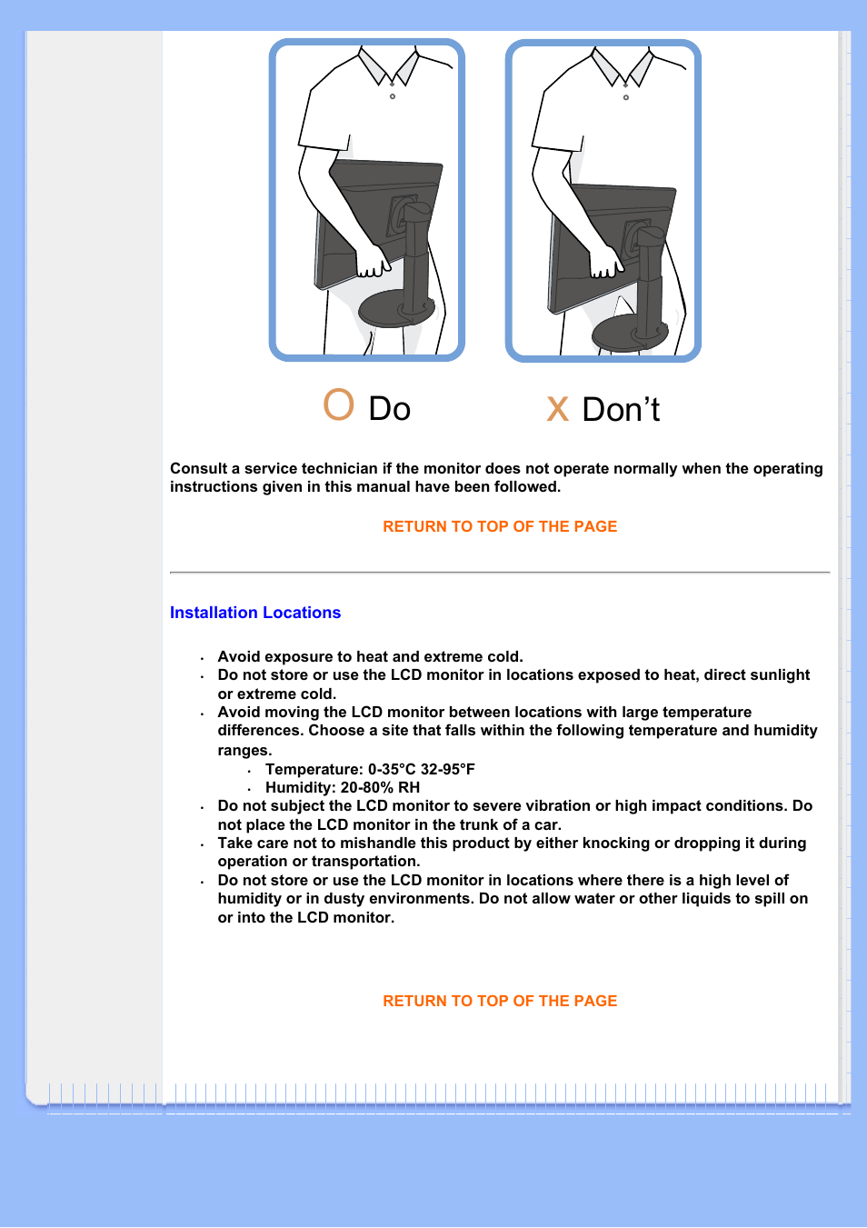 Locations, Don’t | Philips 220BW8EB-27 User Manual | Page 3 / 85