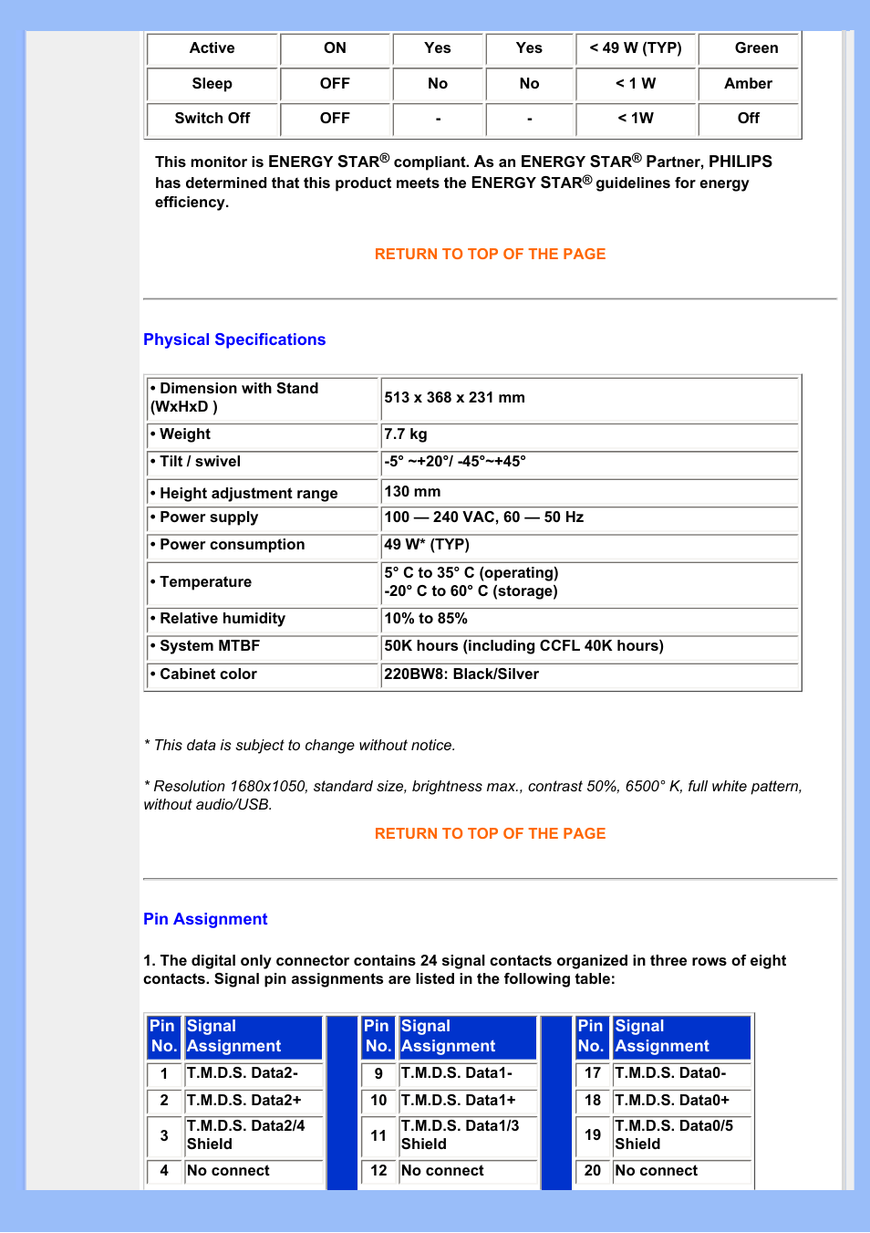 Physical, Specification | Philips 220BW8EB-27 User Manual | Page 31 / 85