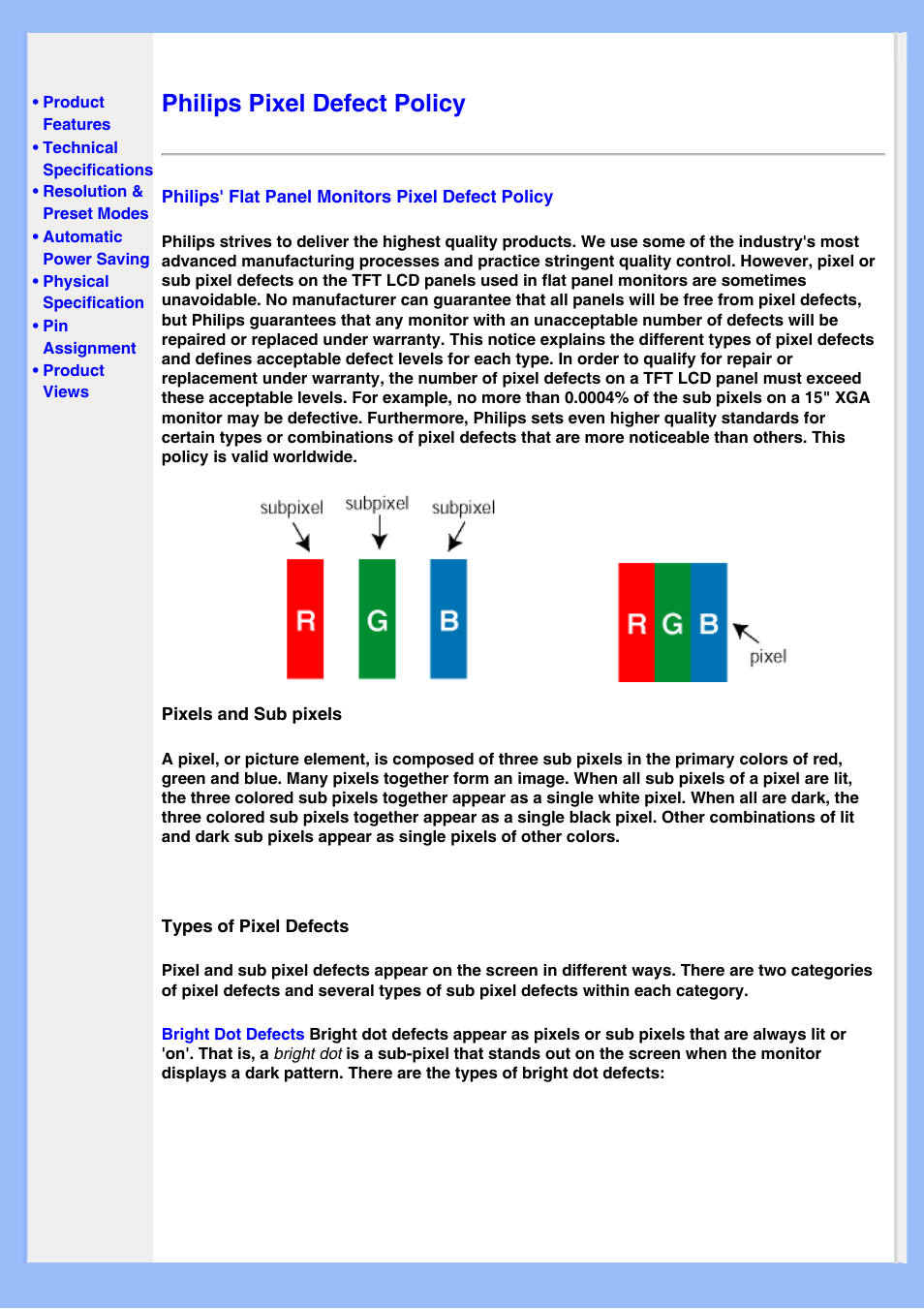 Philips pixel defect policy, Philips pixel, Defect policy | Philips 220BW8EB-27 User Manual | Page 34 / 85