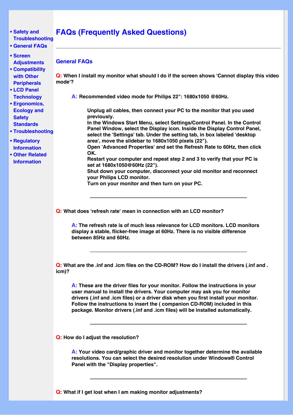 Faqs (frequently asked questions) | Philips 220BW8EB-27 User Manual | Page 4 / 85