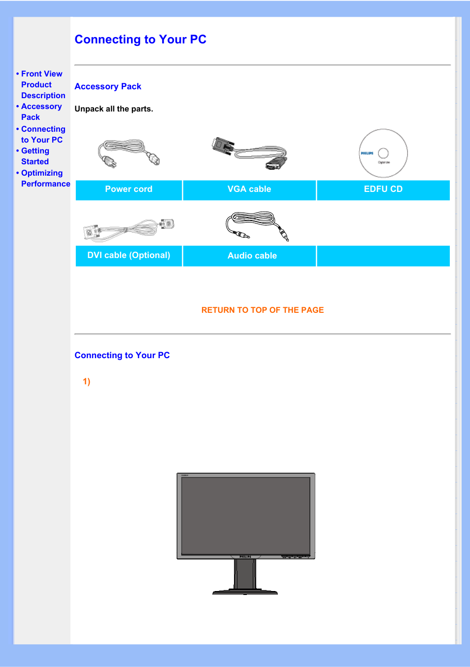 Connecting, To your pc, Connecting to your pc | Philips 220BW8EB-27 User Manual | Page 44 / 85