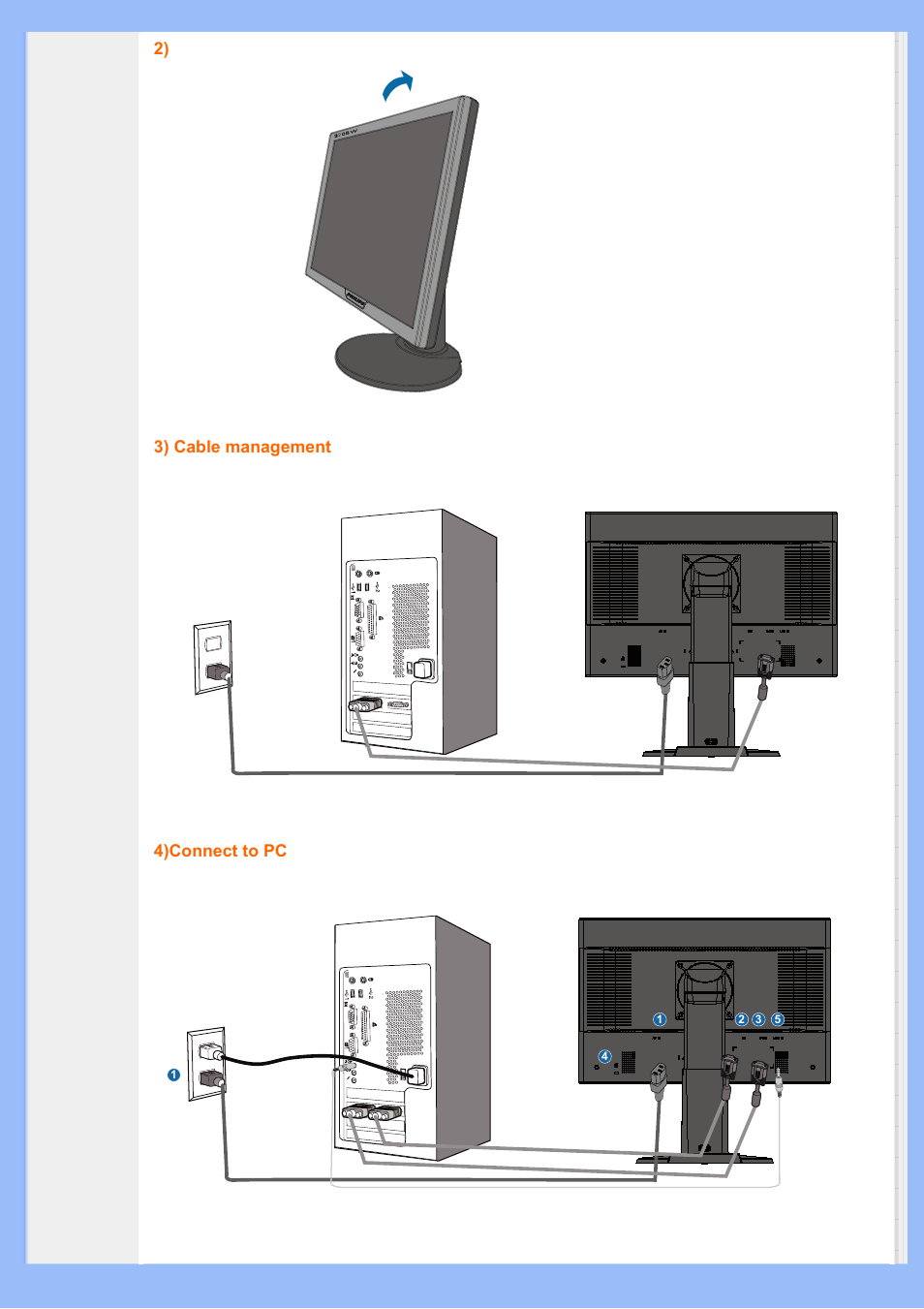 2) 3) cable management 4)connect to pc | Philips 220BW8EB-27 User Manual | Page 45 / 85