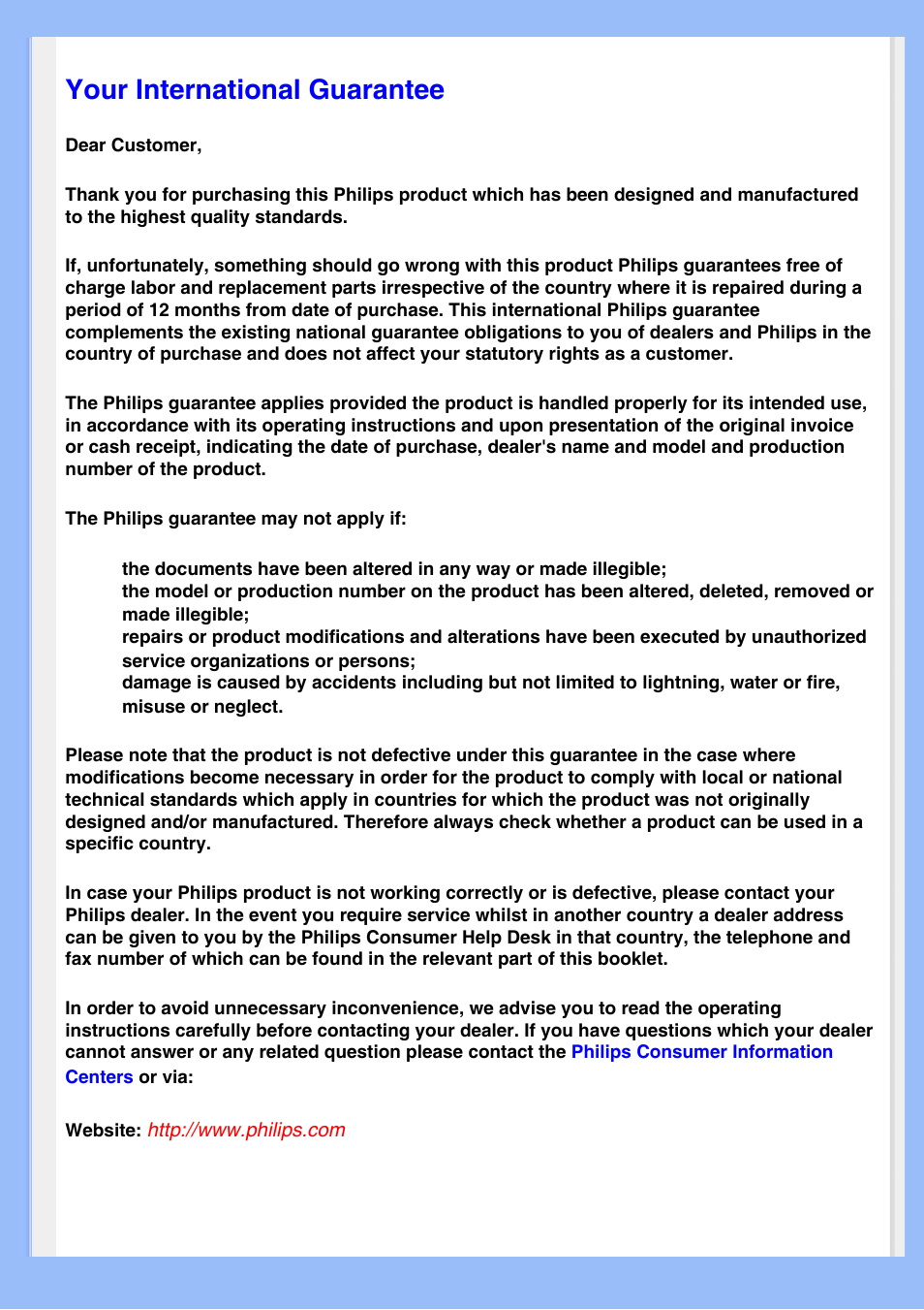 International guarantee, Your international guarantee | Philips 220BW8EB-27 User Manual | Page 71 / 85