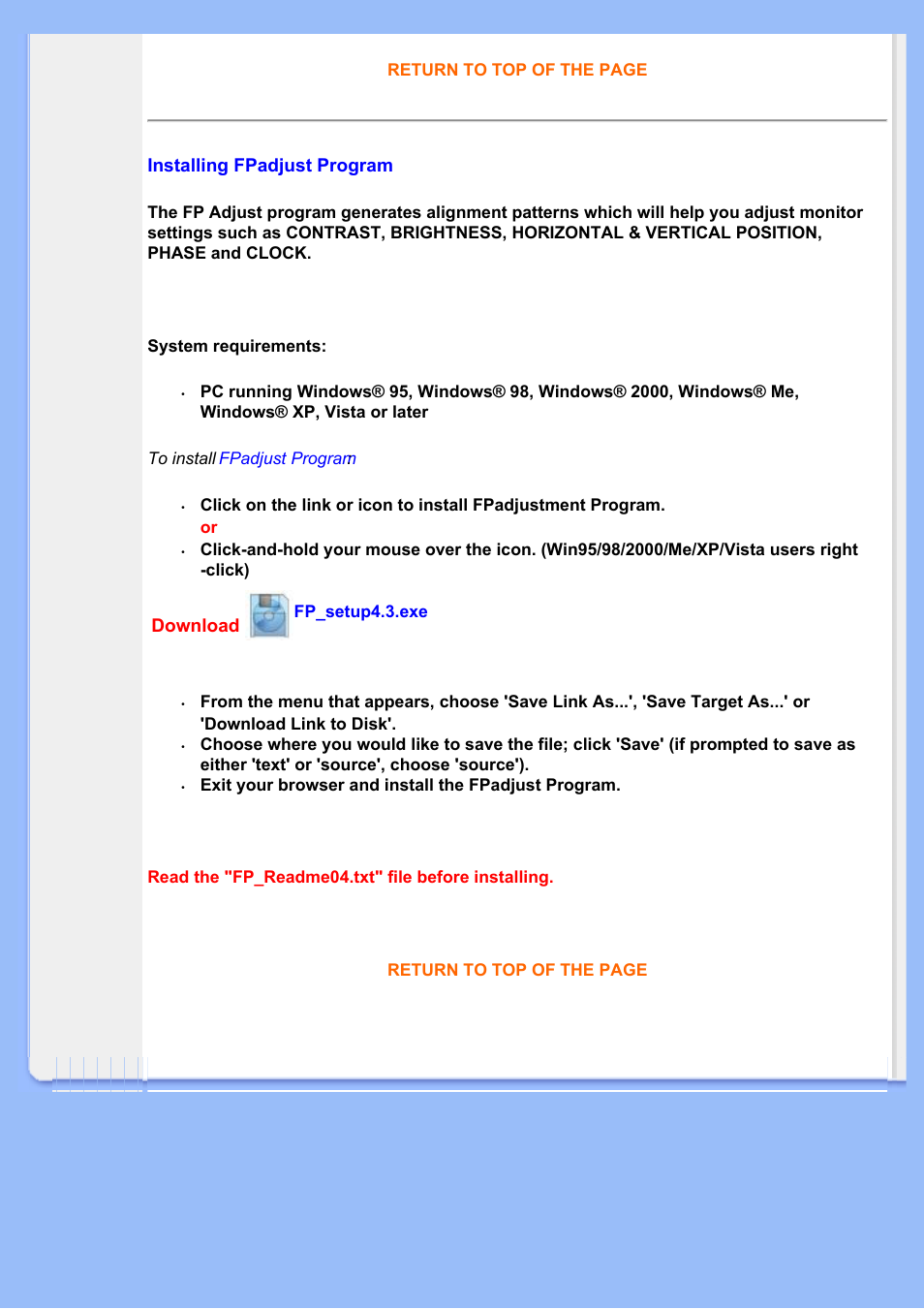 Installing fpadjust program, Download | Philips 220BW8EB-27 User Manual | Page 85 / 85