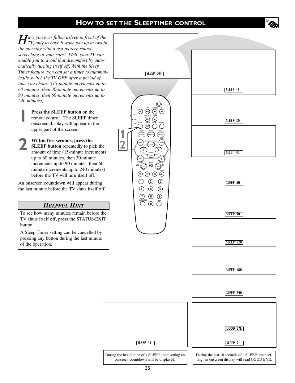 Ow to set the, Leeptimer control, Elpful | Philips 17PF9945-99 User Manual | Page 35 / 62