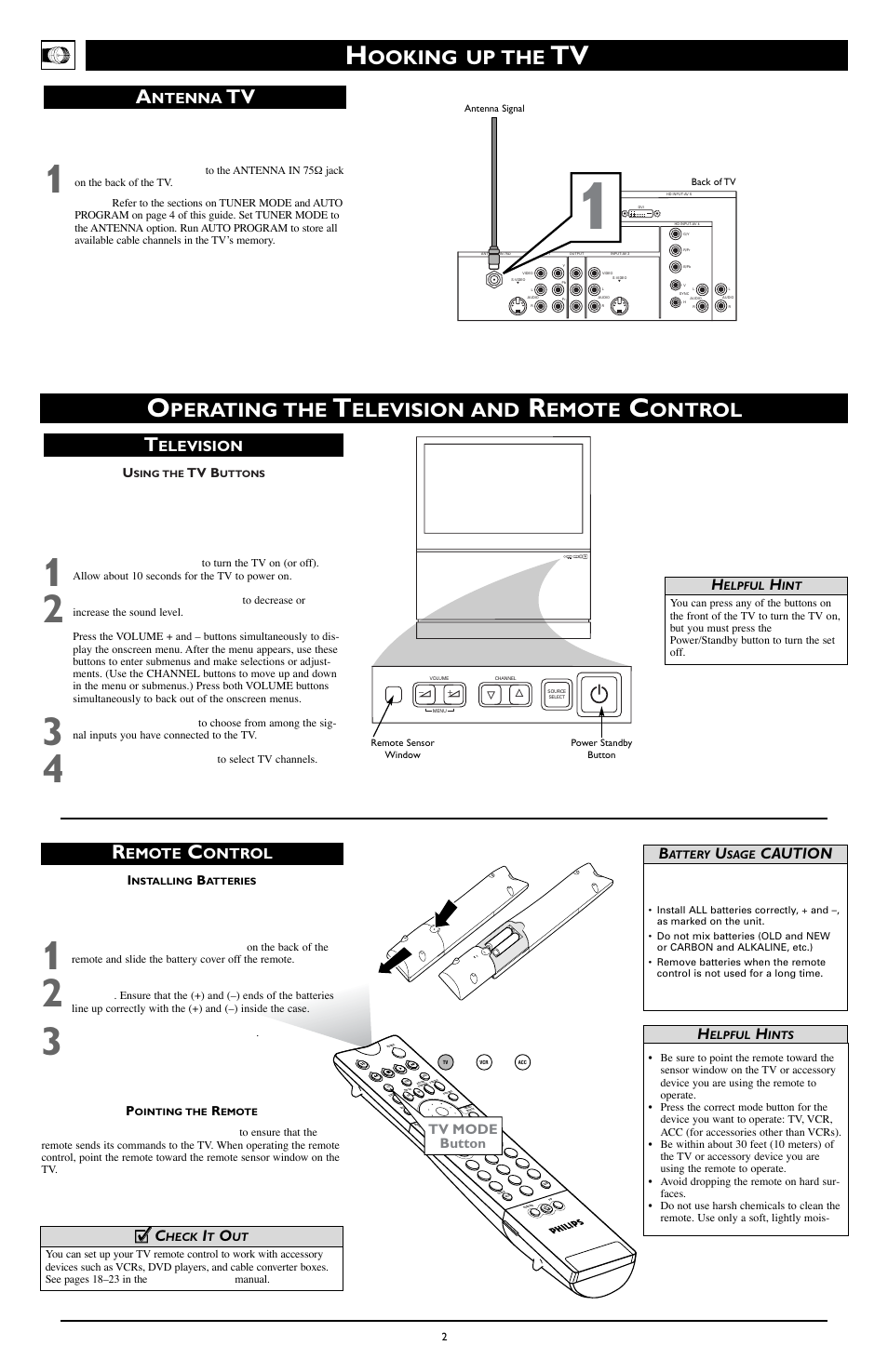 Perating the, Elevision and, Emote | Ontrol t, Ooking up the, Elevision, Ontrol, Cc c, Caution, Ntenna | Philips 51PW9303 User Manual | Page 2 / 8