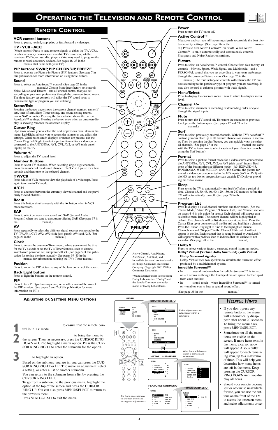 Perating the, Elevision and, Emote | Ontrol | Philips 51PW9303 User Manual | Page 3 / 8