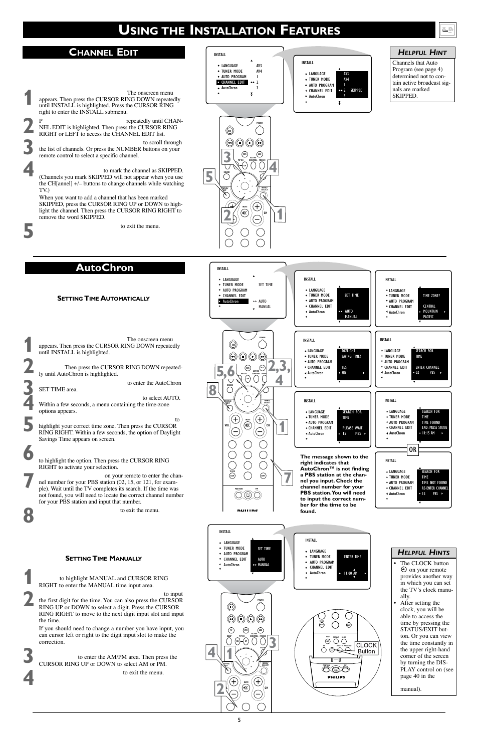 Sing the, Nstallation, Eatures autochron c | Hannel | Philips 51PW9303 User Manual | Page 5 / 8