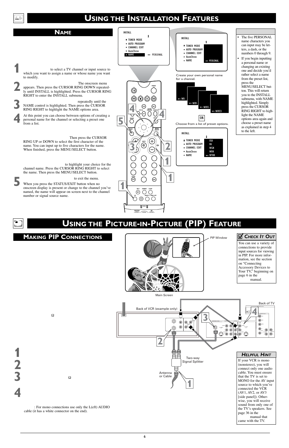 Pip) f, Sing the, Nstallation | Eatures n, Icture, Eature m, Pip c, Aking, Onnections, Cc c | Philips 51PW9303 User Manual | Page 6 / 8