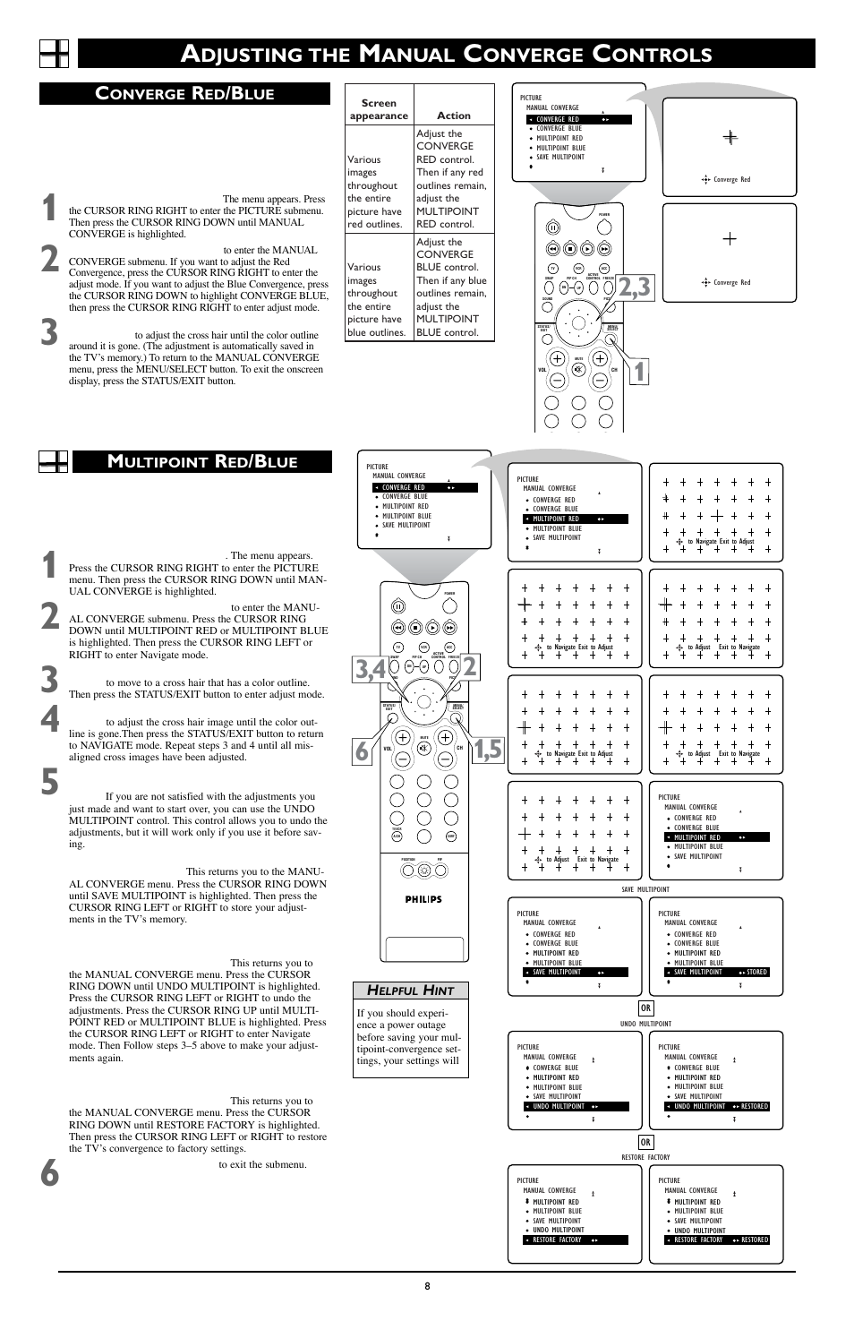 Djusting the, Anual, Onverge | Ontrols c, Ultipoint | Philips 51PW9303 User Manual | Page 8 / 8