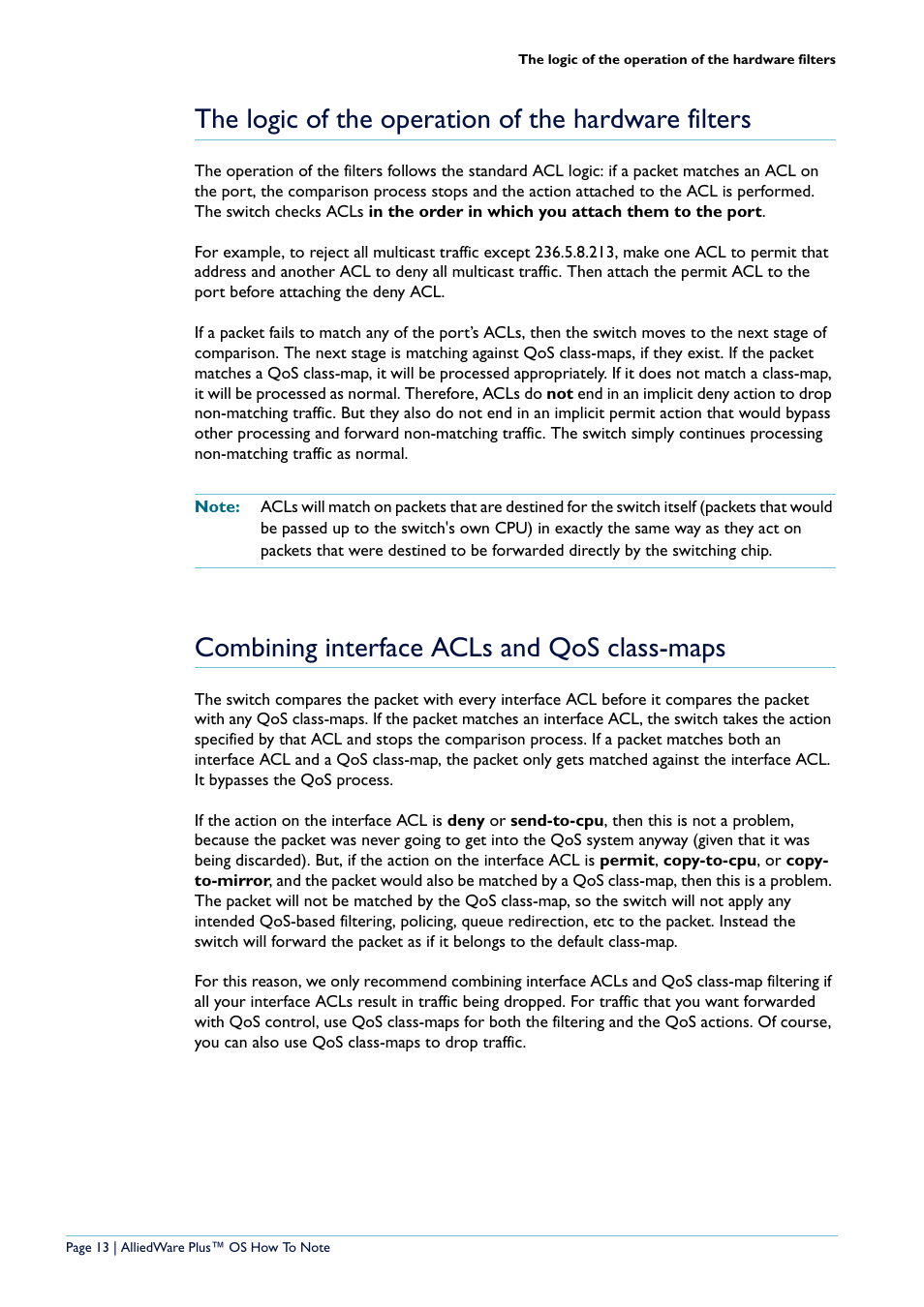 The logic of the operation of the hardware filters, Combining interface acls and qos class-maps | Allied Telesis x908 User Manual | Page 13 / 21