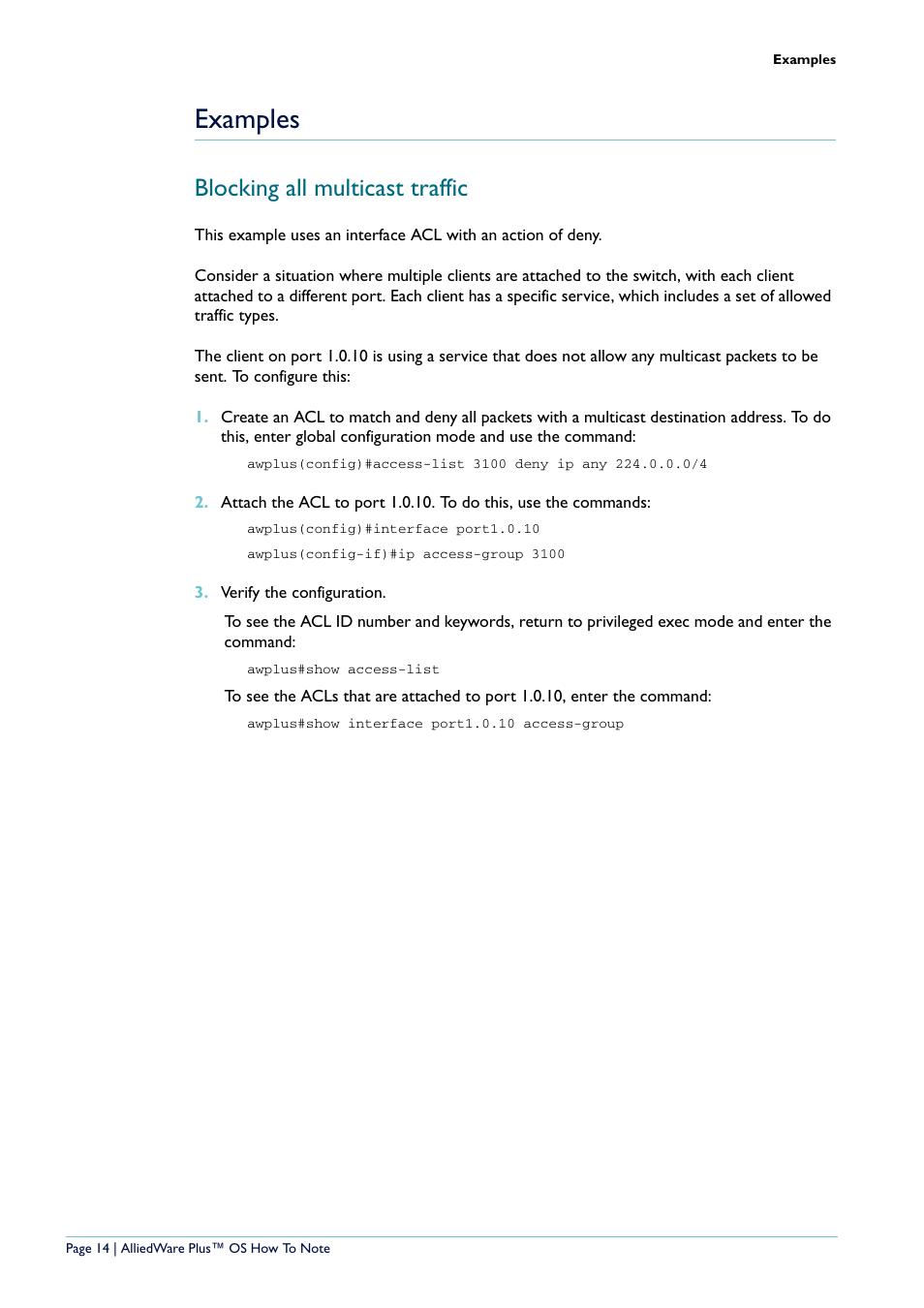 Examples, Blocking all multicast traffic | Allied Telesis x908 User Manual | Page 14 / 21