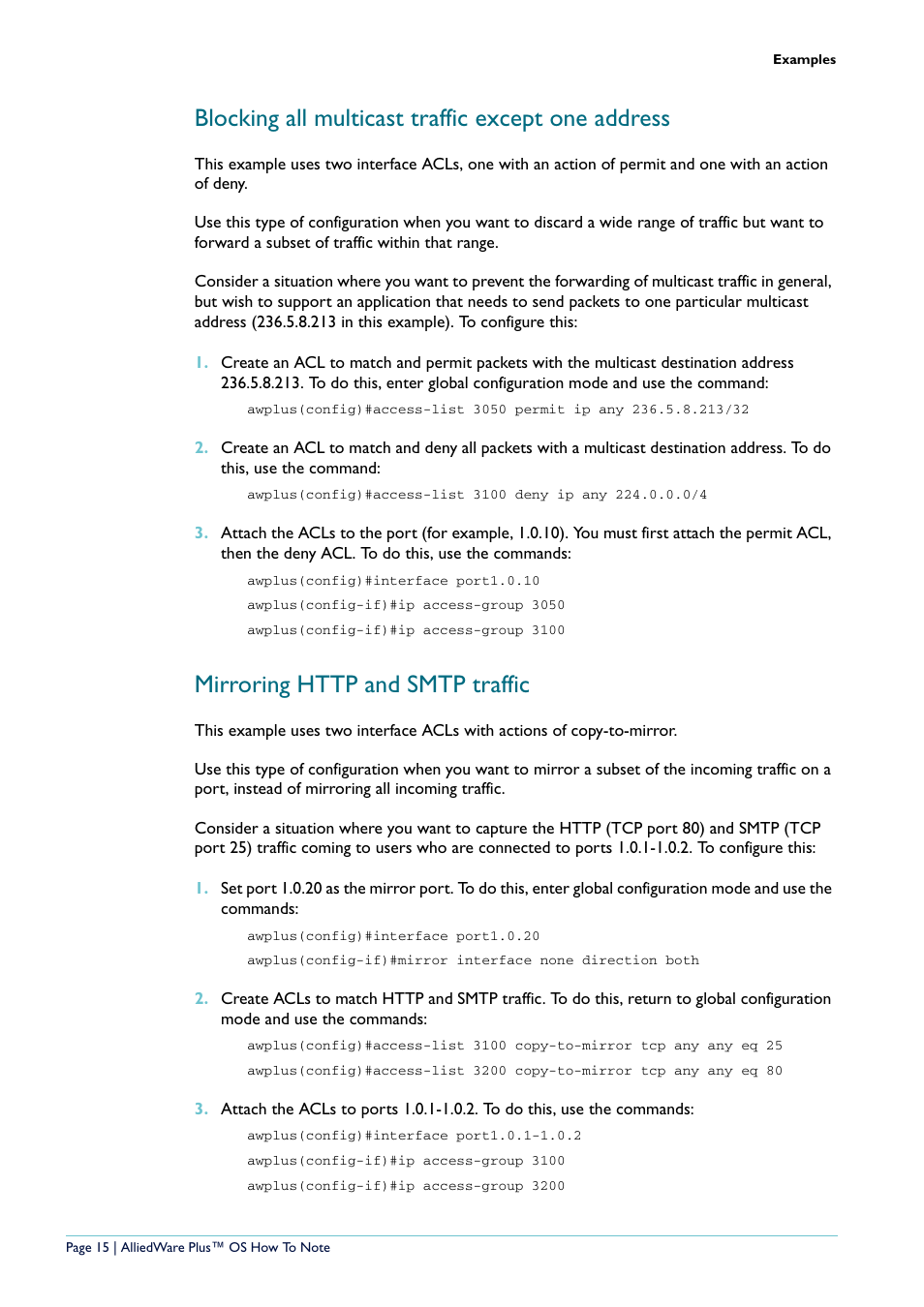 Blocking all multicast traffic except one address, Mirroring http and smtp traffic | Allied Telesis x908 User Manual | Page 15 / 21