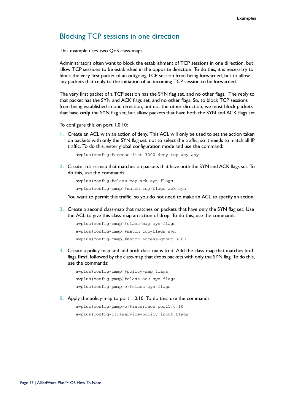 Blocking tcp sessions in one direction | Allied Telesis x908 User Manual | Page 17 / 21