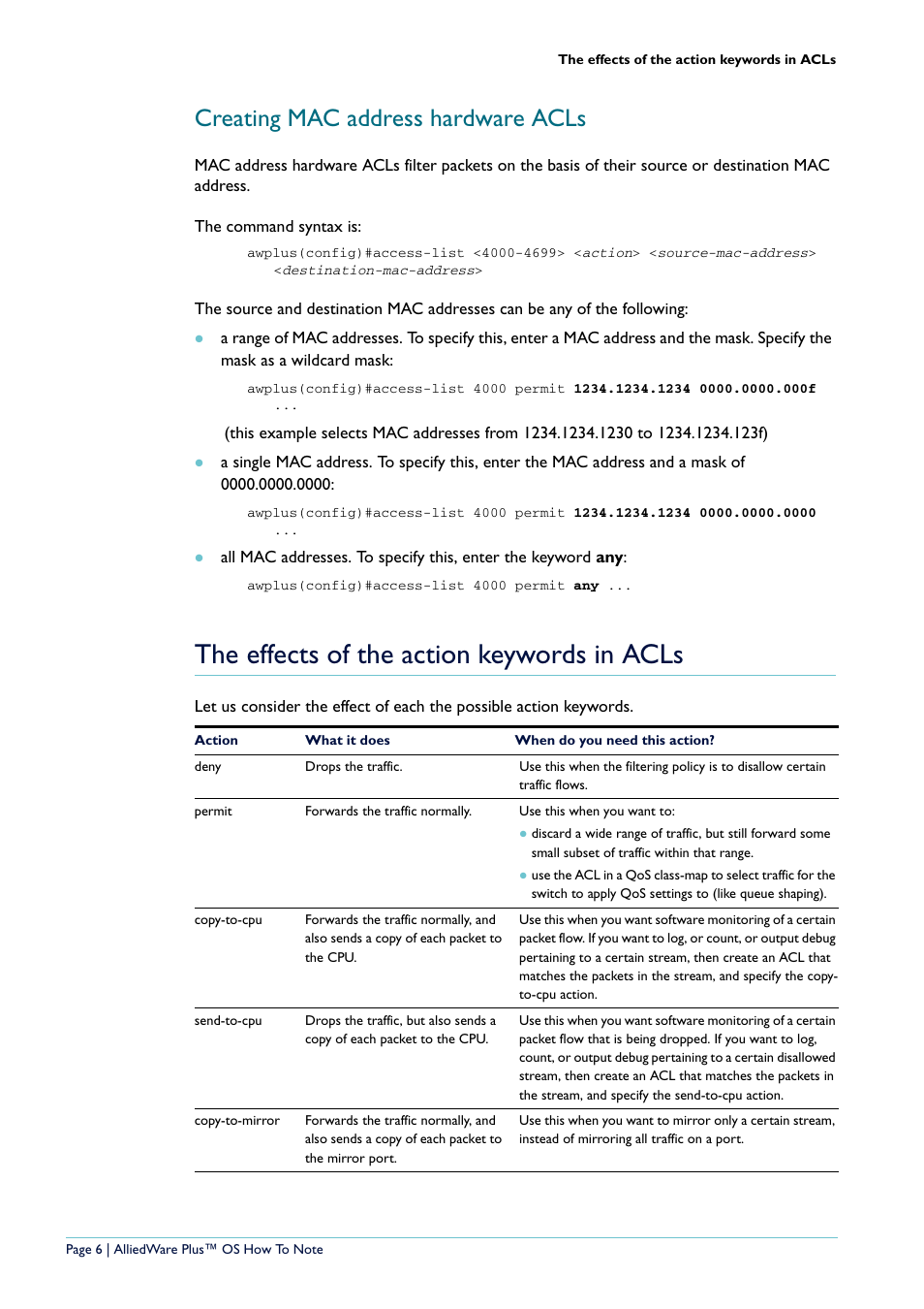 Creating mac address hardware acls, The effects of the action keywords in acls | Allied Telesis x908 User Manual | Page 6 / 21
