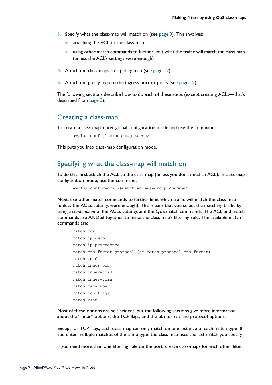 Creating a class-map, Specifying what the class-map will match on | Allied Telesis x908 User Manual | Page 9 / 21