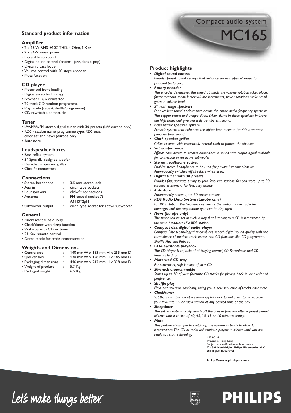 Mc165, Compact audio system | Philips MC165C3799 User Manual | Page 2 / 2