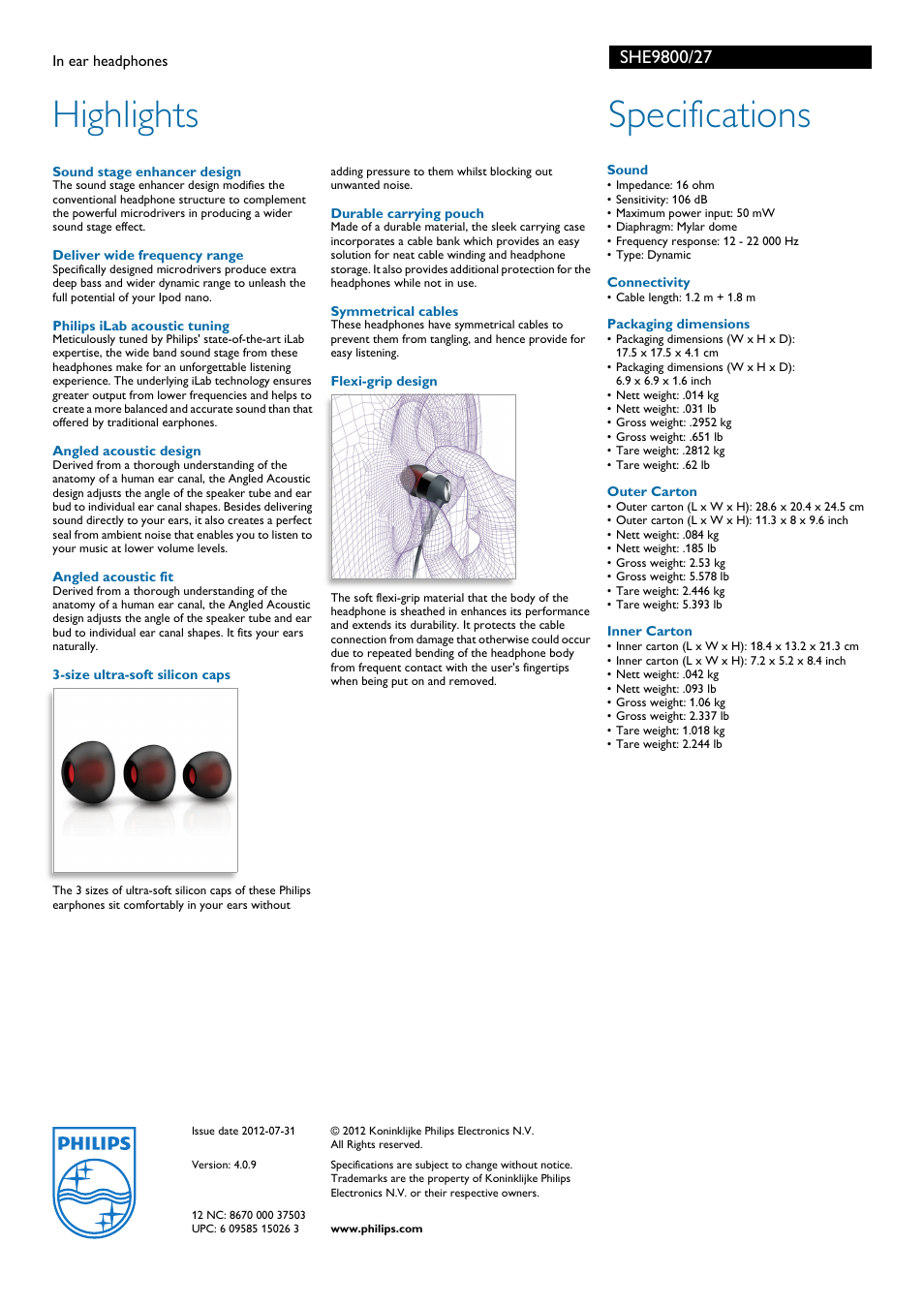 Highlights, Specifications | Philips SHE9800-27 User Manual | Page 2 / 2