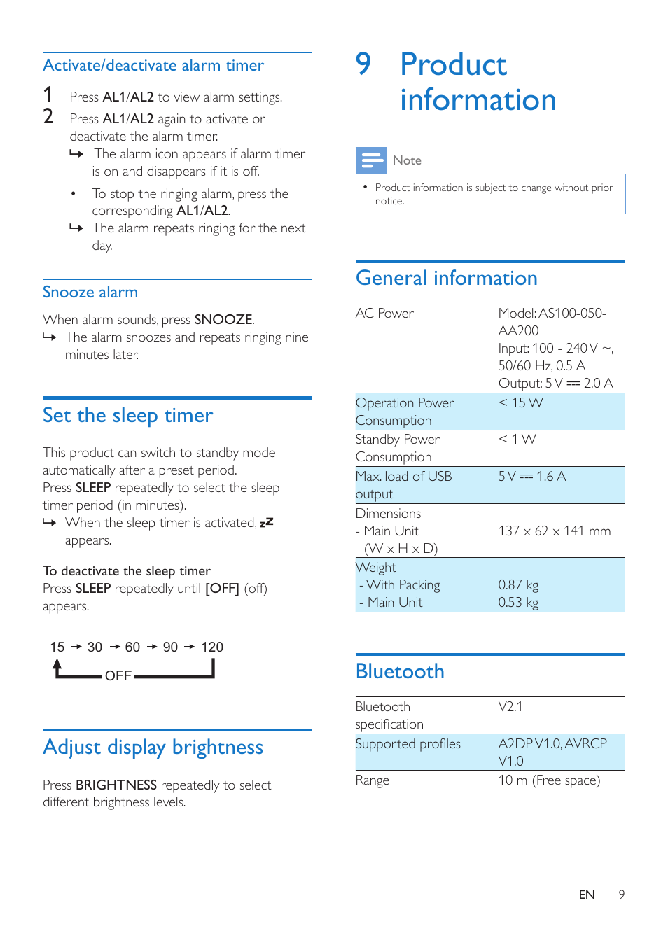 Set the sleep timer, Adjust display brightness, 9 product information | General information, Bluetooth, Bluetooth 9 | Philips Bluetooth speaker with clock radio SB170 Bluetooth® and NFC USB port for charging Dual alarm FM User Manual | Page 11 / 16