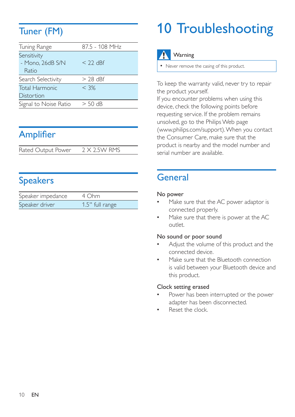 Tuner (fm), Amplifier, Speakers | 10 troubleshooting, General, Speakers 10, General 10 | Philips Bluetooth speaker with clock radio SB170 Bluetooth® and NFC USB port for charging Dual alarm FM User Manual | Page 12 / 16
