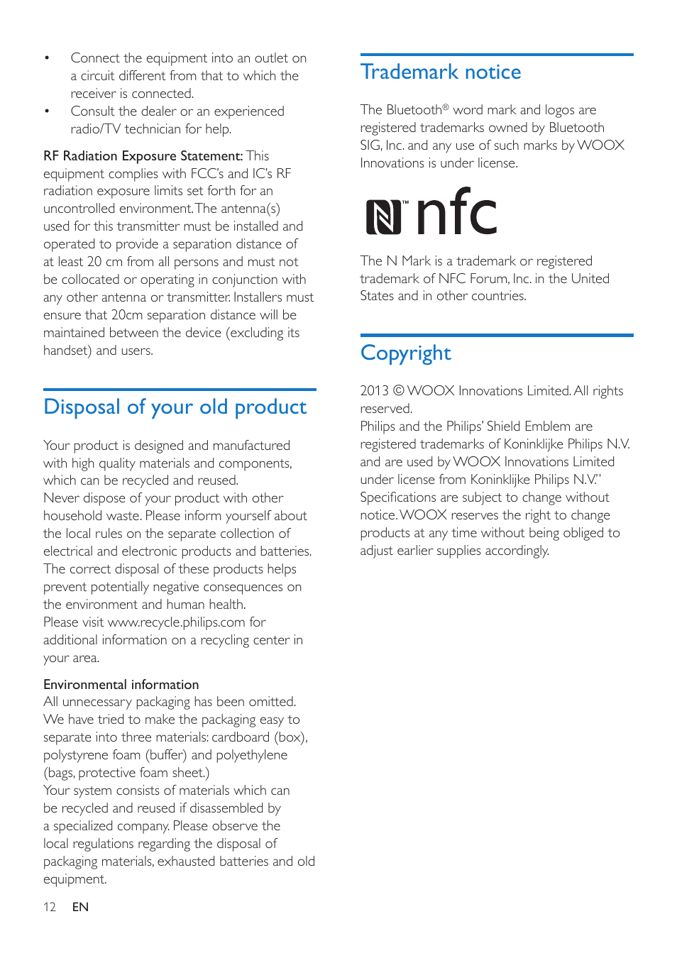 Disposal of your old product, Trademark notice, Copyright | Copyright 12 | Philips Bluetooth speaker with clock radio SB170 Bluetooth® and NFC USB port for charging Dual alarm FM User Manual | Page 14 / 16