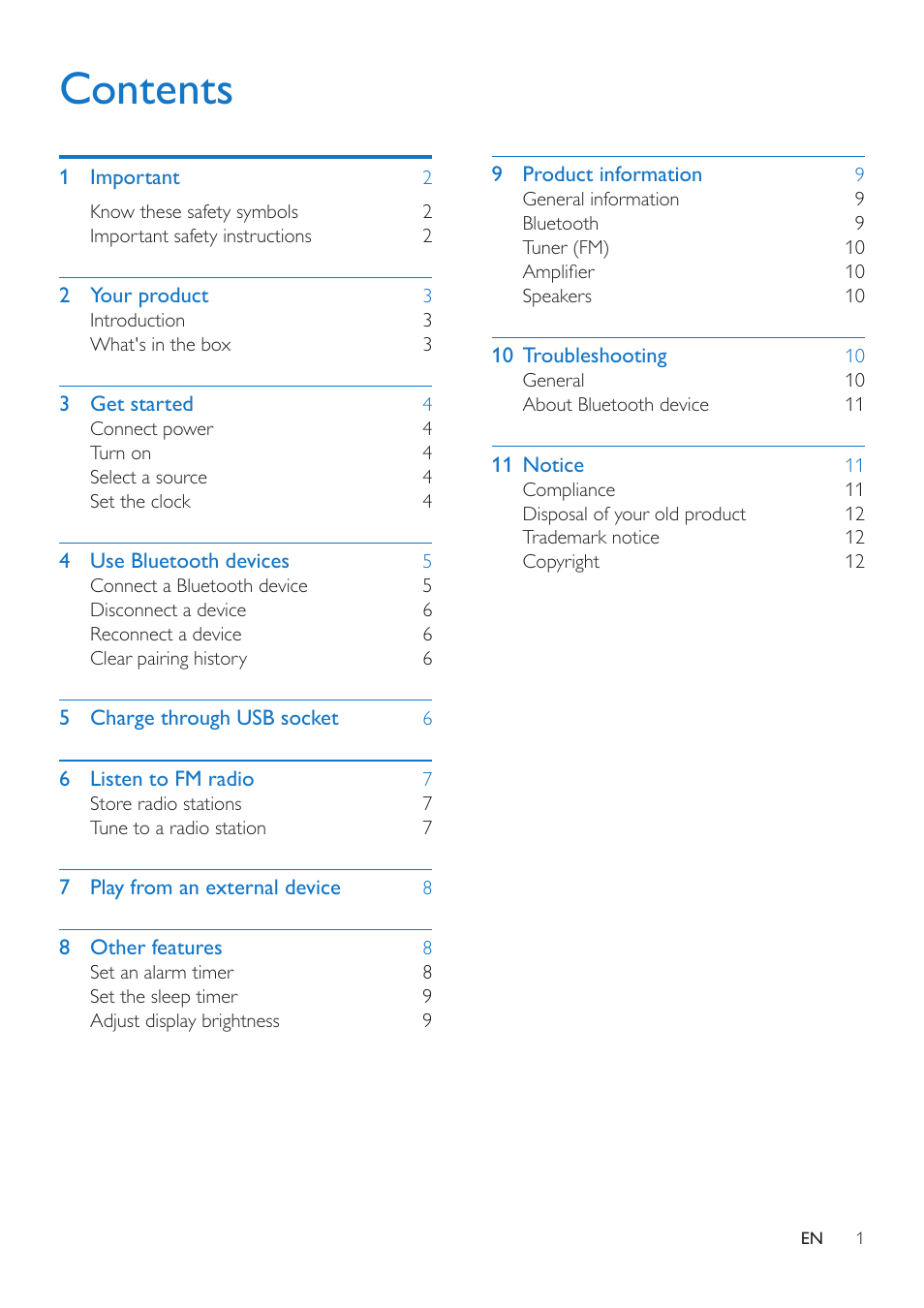 Philips Bluetooth speaker with clock radio SB170 Bluetooth® and NFC USB port for charging Dual alarm FM User Manual | Page 3 / 16