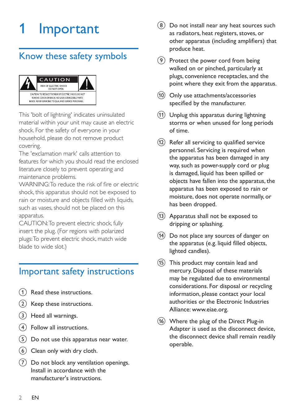 1 important, Know these safety symbols, Important safety instructions | Philips Bluetooth speaker with clock radio SB170 Bluetooth® and NFC USB port for charging Dual alarm FM User Manual | Page 4 / 16