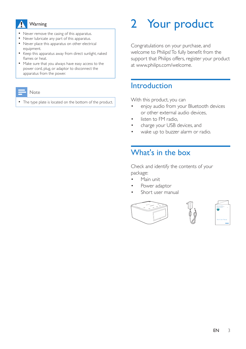 2 your product, Introduction, What's in the box | Introduction 3 | Philips Bluetooth speaker with clock radio SB170 Bluetooth® and NFC USB port for charging Dual alarm FM User Manual | Page 5 / 16