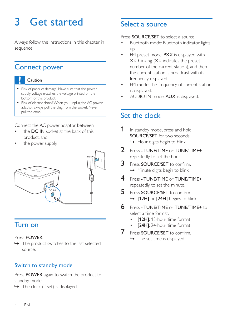 3 get started, Connect power, Turn on | Select a source, Set the clock, Set the clock 1 | Philips Bluetooth speaker with clock radio SB170 Bluetooth® and NFC USB port for charging Dual alarm FM User Manual | Page 6 / 16