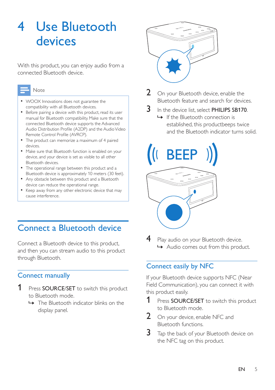 4 use bluetooth devices, Connect a bluetooth device | Philips Bluetooth speaker with clock radio SB170 Bluetooth® and NFC USB port for charging Dual alarm FM User Manual | Page 7 / 16