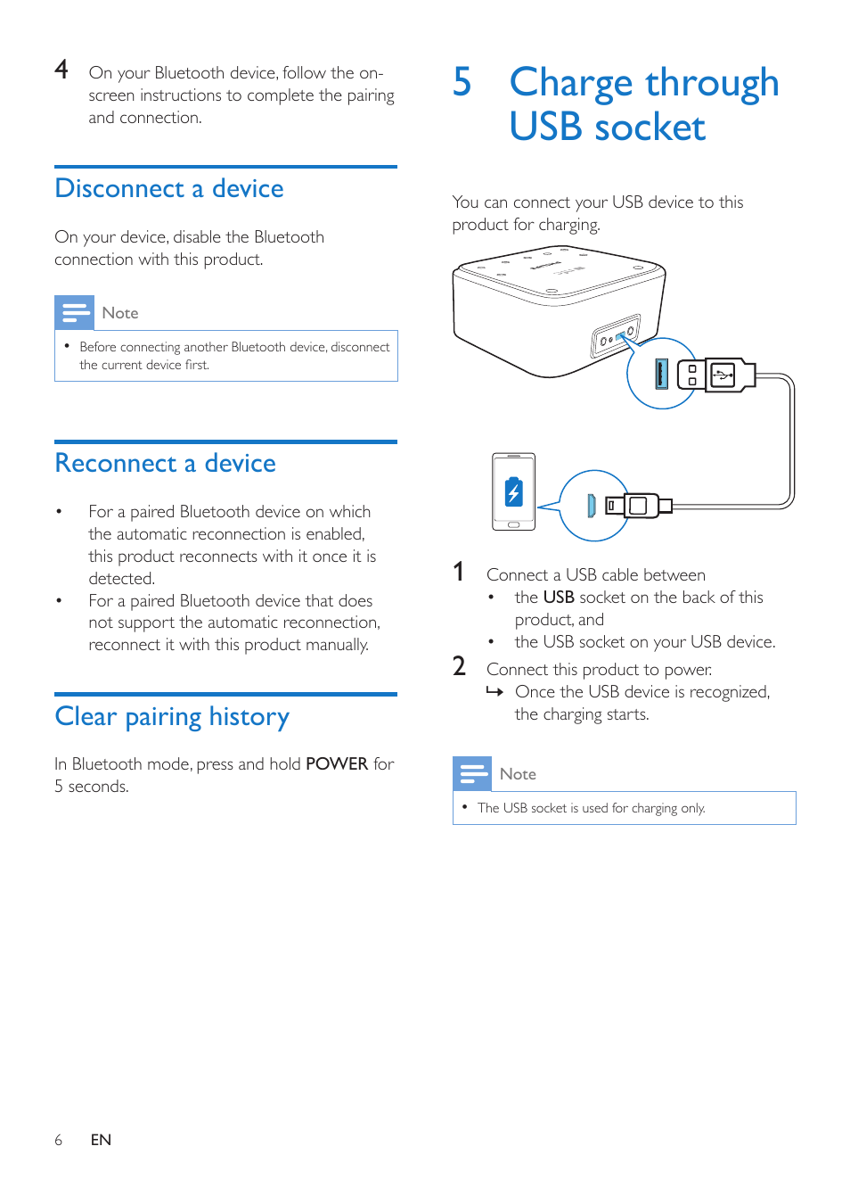 Disconnect a device, Reconnect a device, Clear pairing history | 5 charge through usb socket | Philips Bluetooth speaker with clock radio SB170 Bluetooth® and NFC USB port for charging Dual alarm FM User Manual | Page 8 / 16