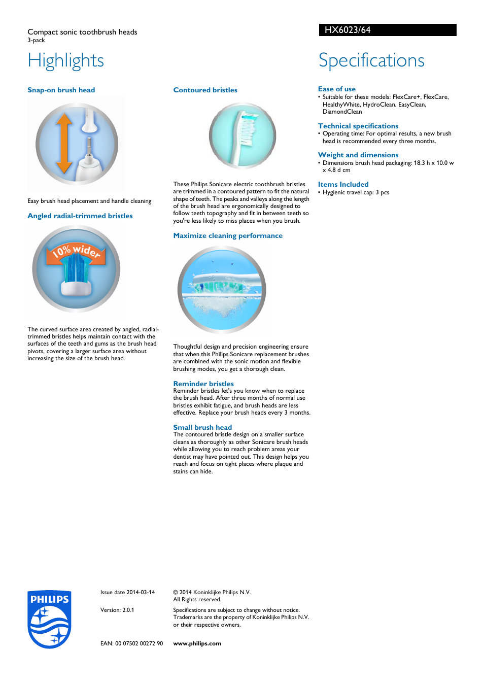 Highlights, Specifications | Philips HX6023-64 User Manual | Page 2 / 2