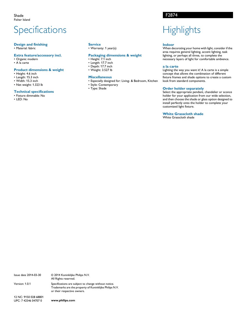 Specifications, Highlights, F2874 | Philips F2874 User Manual | Page 2 / 2