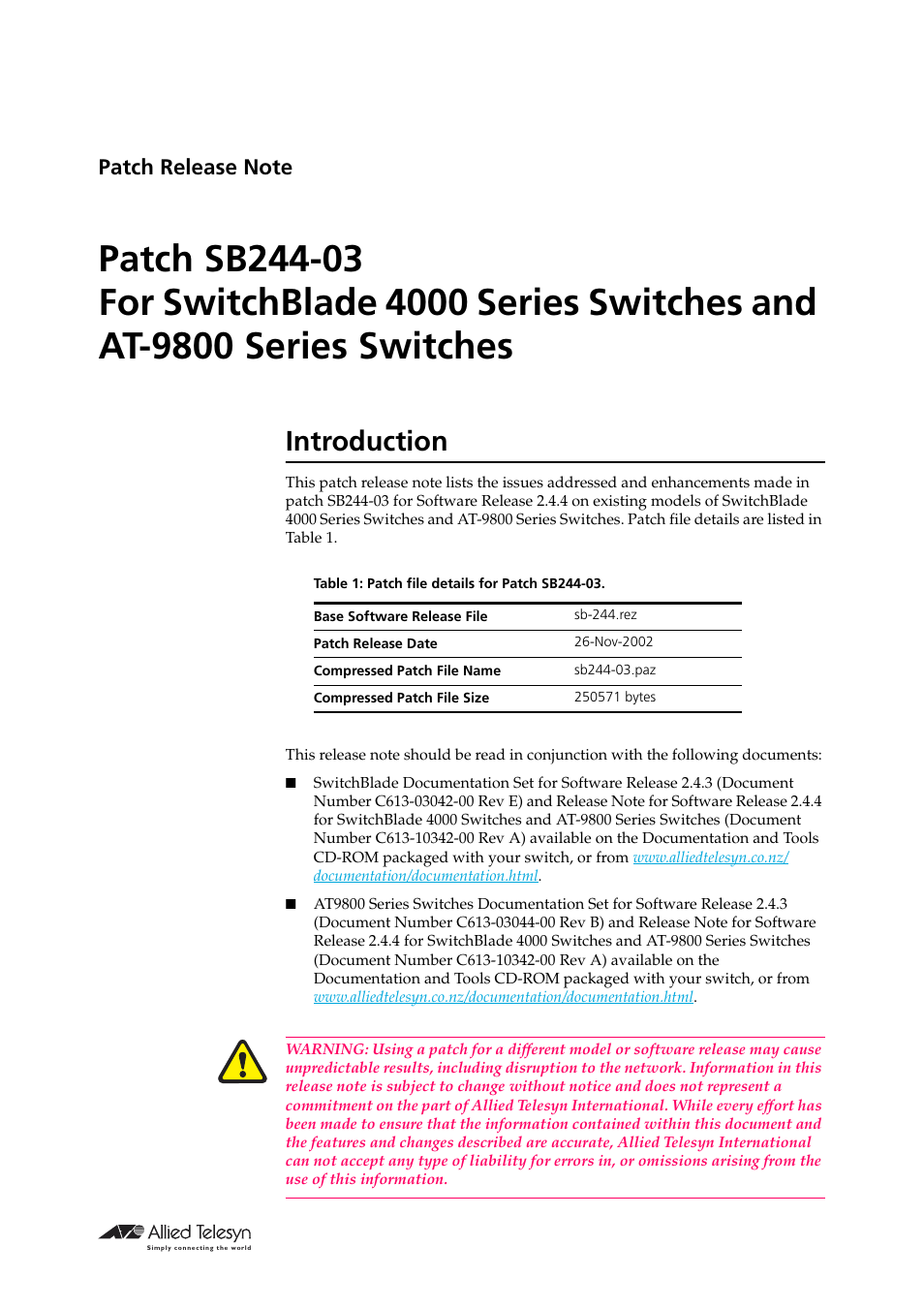 Allied Telesis SB244-03 User Manual | 8 pages