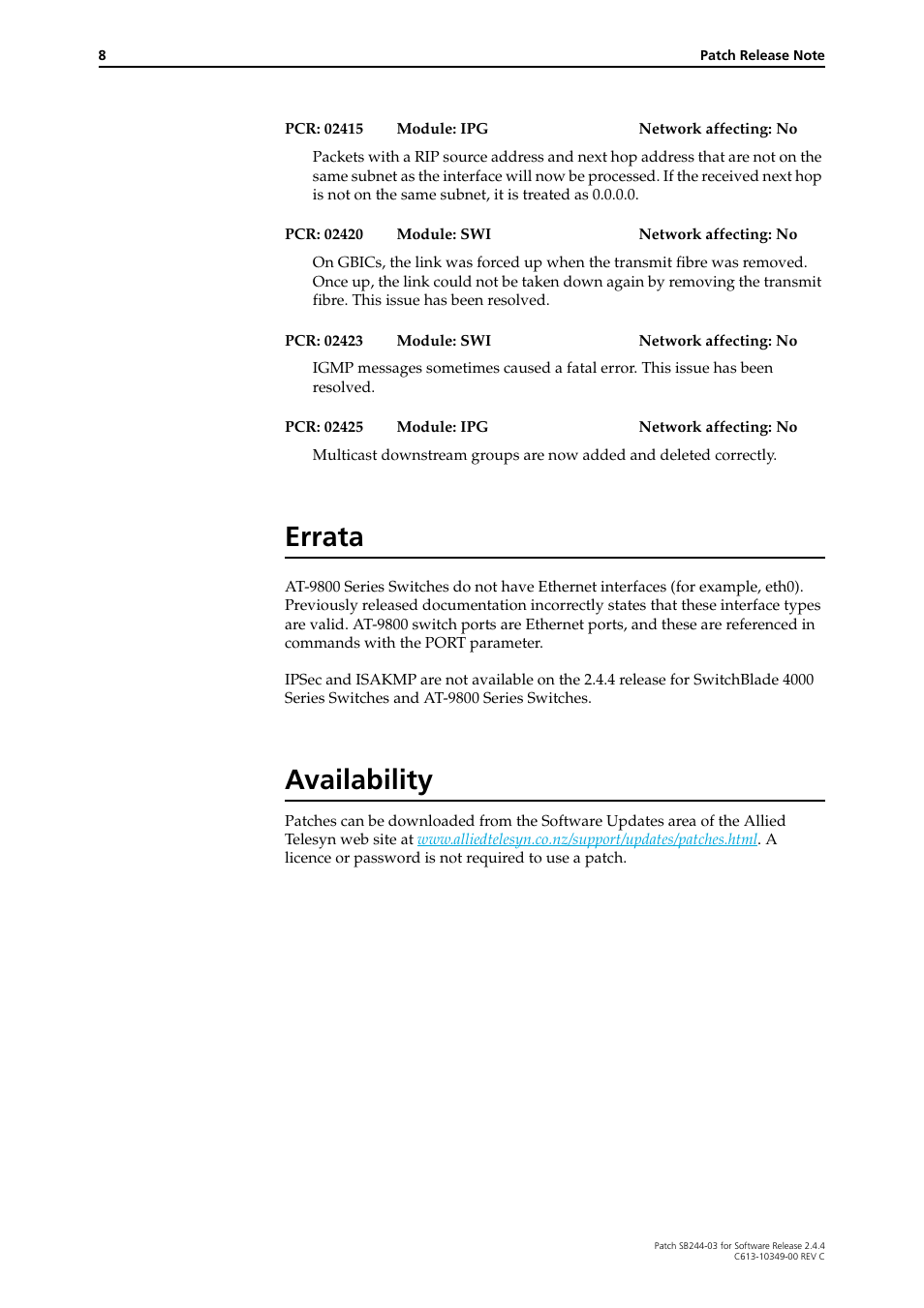 Errata, Availability | Allied Telesis SB244-03 User Manual | Page 8 / 8