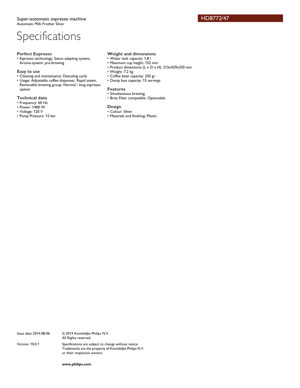 Specifications | Philips HD8772-47 User Manual | Page 3 / 3