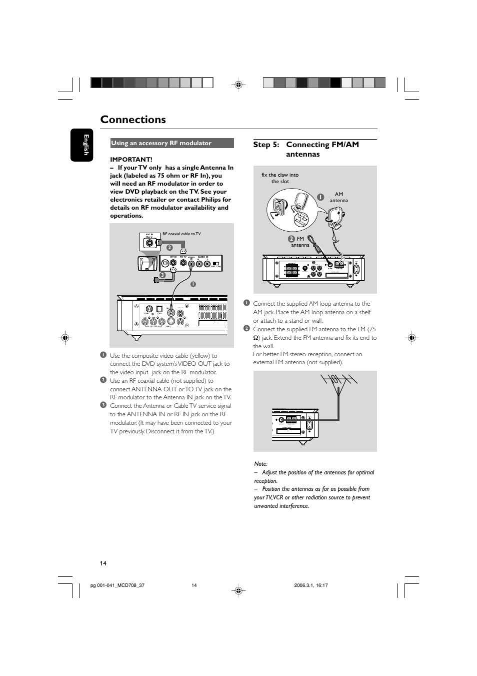 Connections, Step 5: connecting fm/am antennas | Philips MCD708-37 User Manual | Page 14 / 41