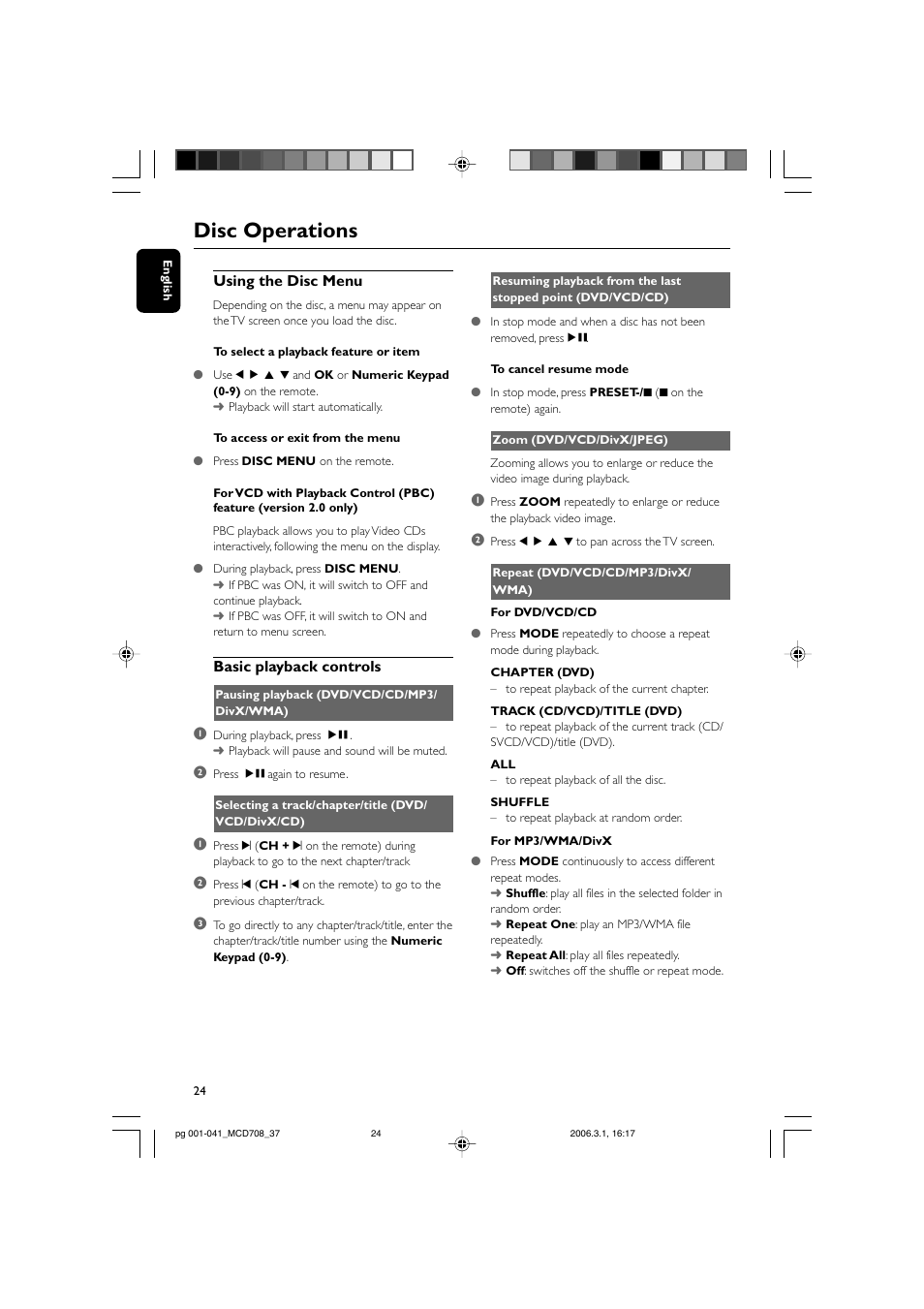 Disc operations, Using the disc menu, Basic playback controls | Philips MCD708-37 User Manual | Page 24 / 41