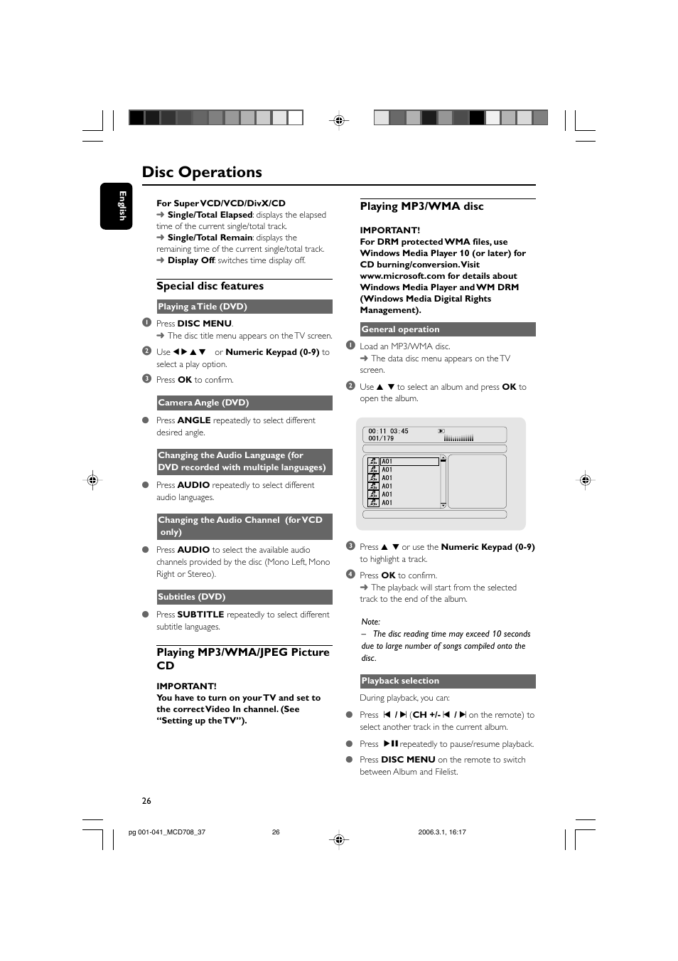 Disc operations | Philips MCD708-37 User Manual | Page 26 / 41