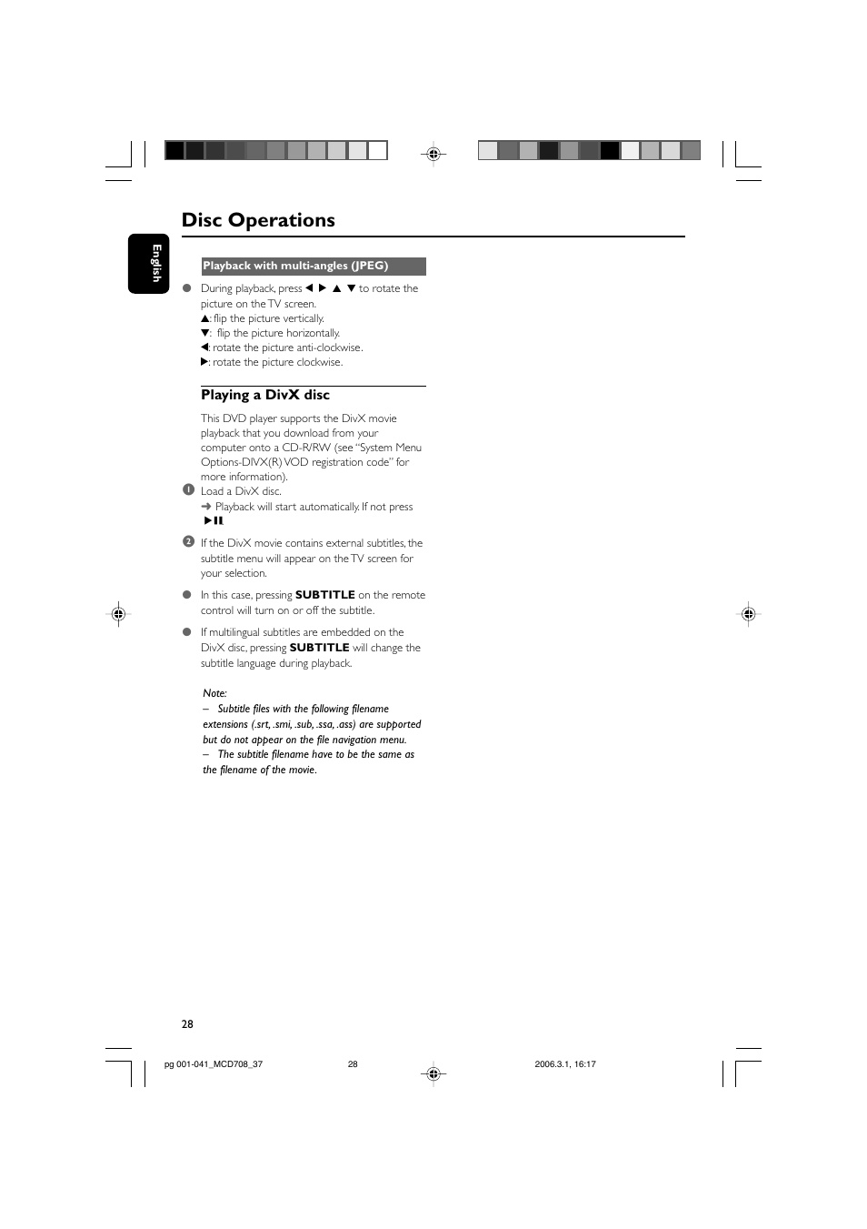 Disc operations, Playing a divx disc | Philips MCD708-37 User Manual | Page 28 / 41