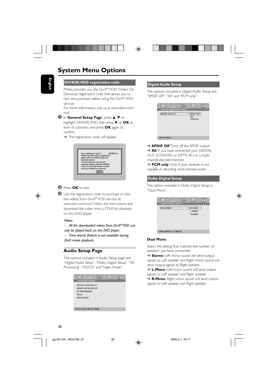 System menu options, Audio setup page | Philips MCD708-37 User Manual | Page 30 / 41