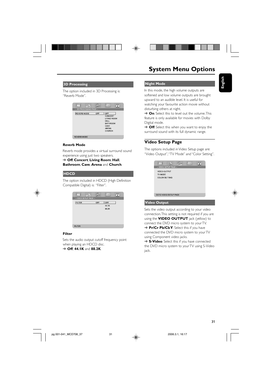 System menu options, Video setup page | Philips MCD708-37 User Manual | Page 31 / 41