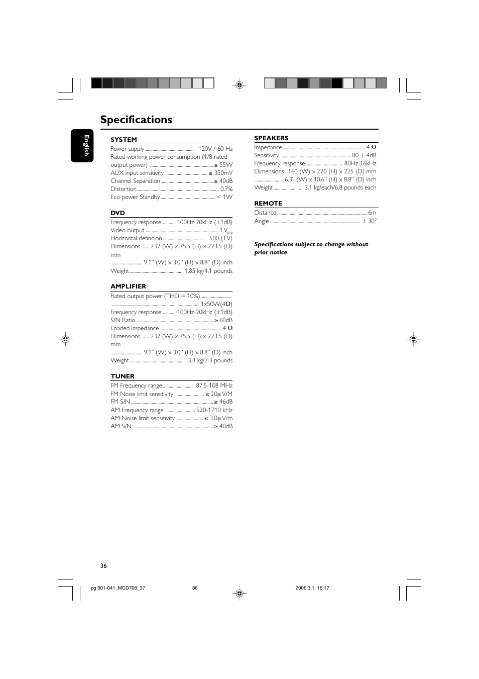 Specifications | Philips MCD708-37 User Manual | Page 36 / 41