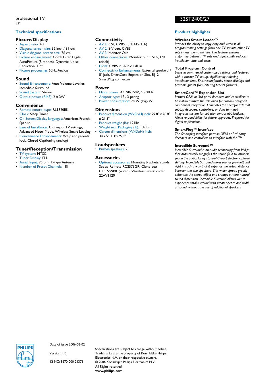 For preview purpose only | Philips 32ST2400-27B User Manual | Page 2 / 2
