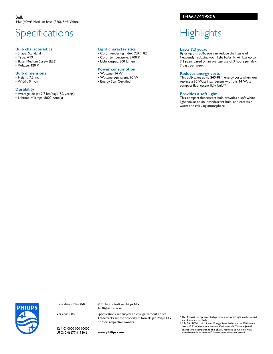 Specifications, Highlights | Philips 046677419806 User Manual | Page 2 / 2