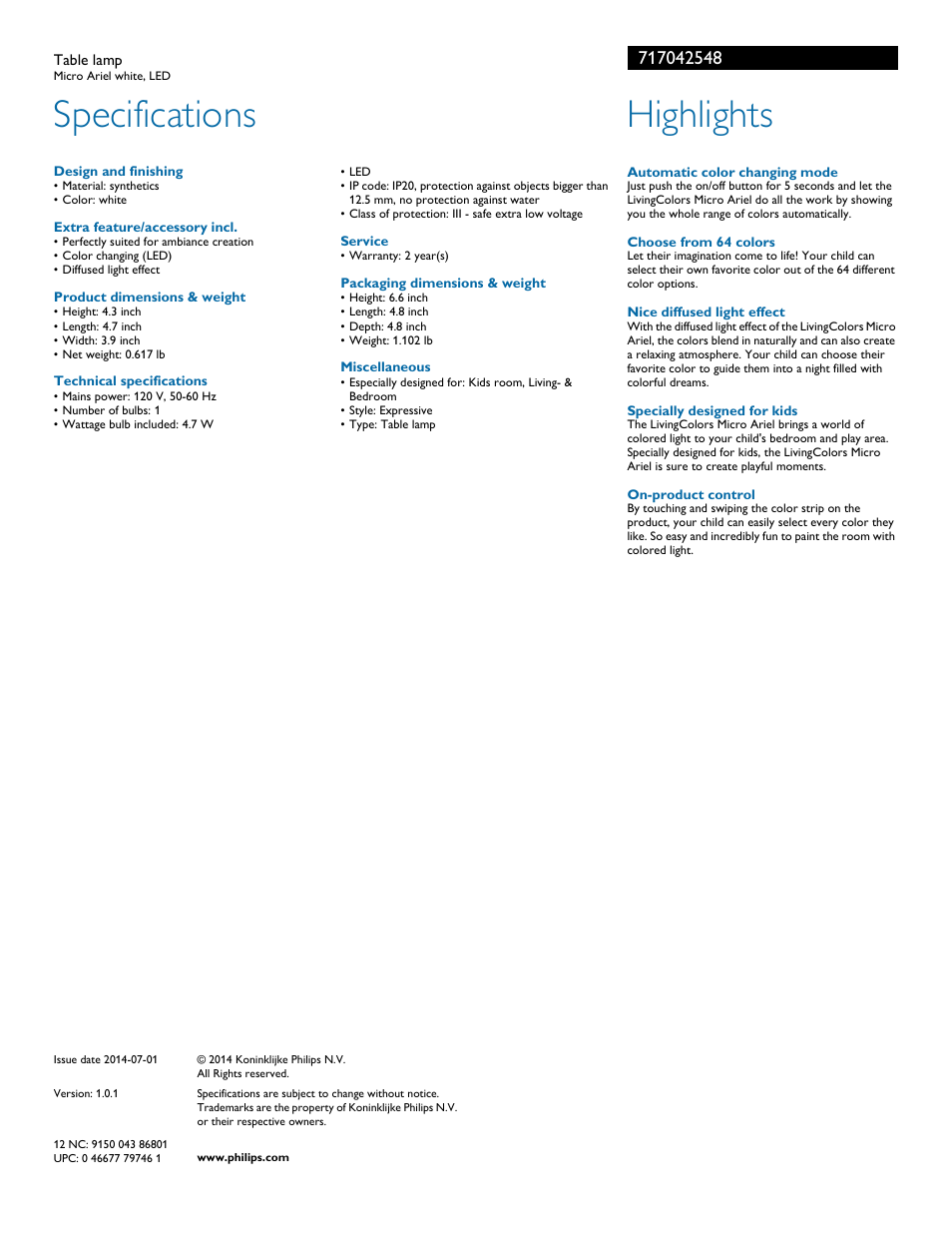 Specifications, Highlights | Philips 717042548 User Manual | Page 2 / 2