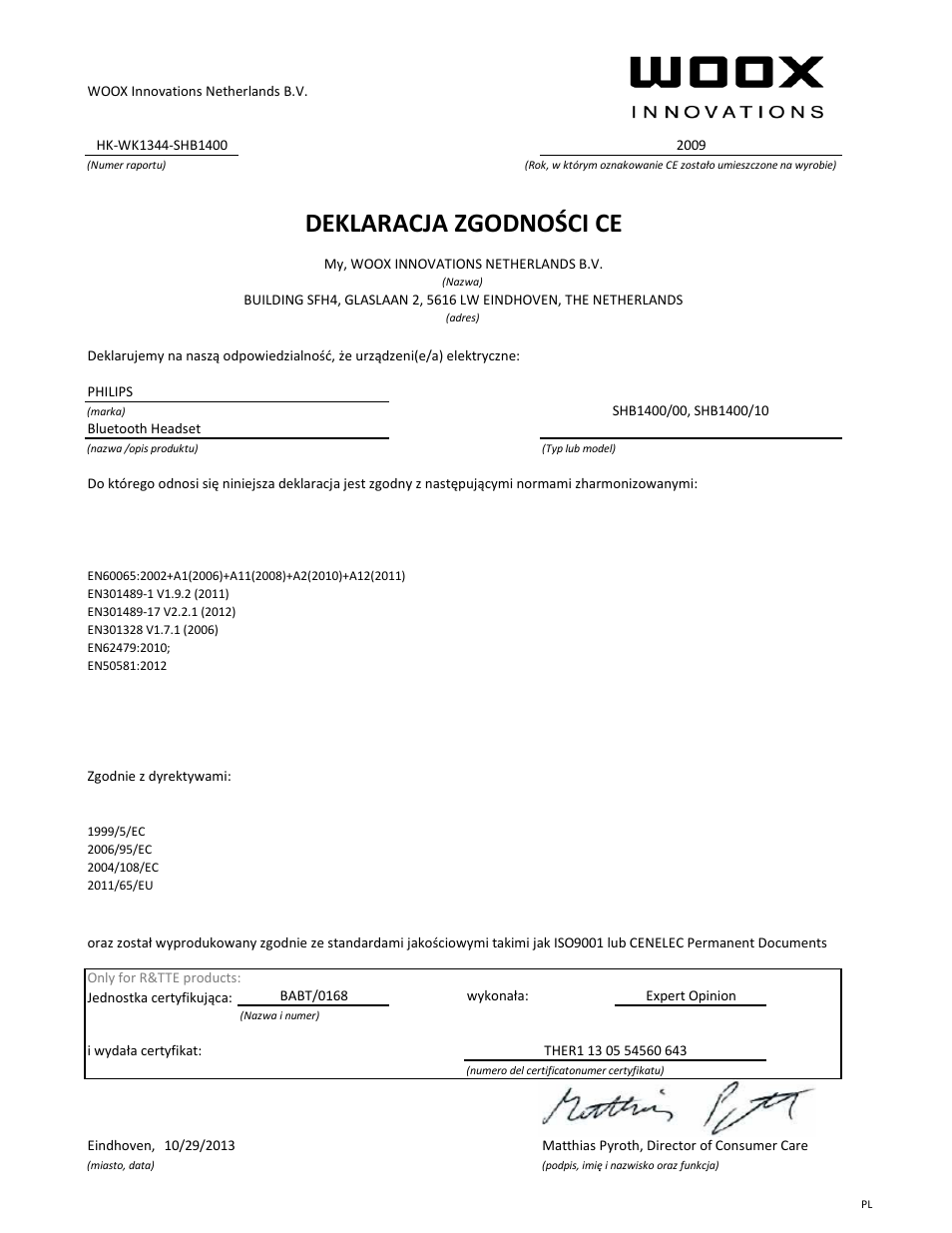 Deklaracja zgodności ce | Philips SHB1400-00 User Manual | Page 11 / 21