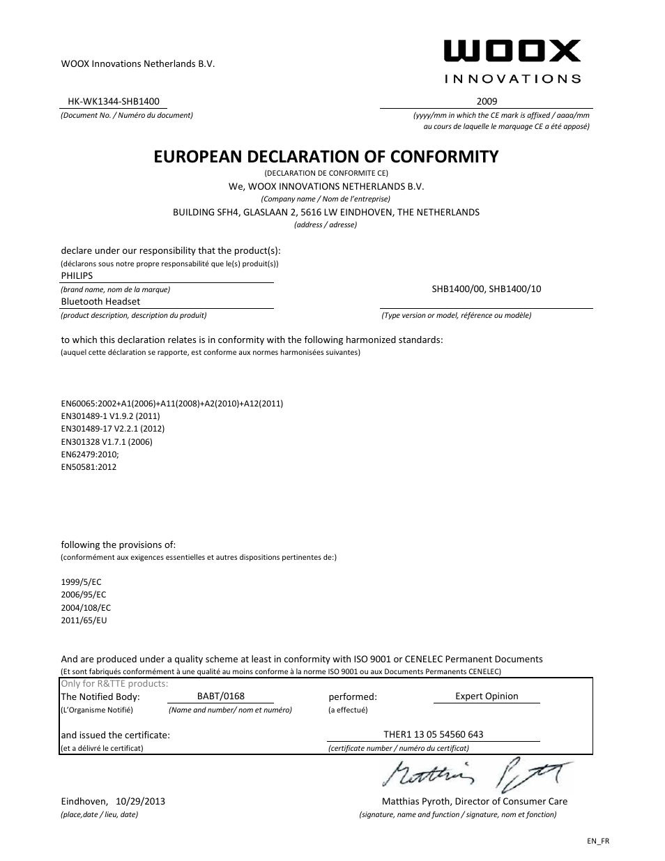 European declaration of conformity | Philips SHB1400-00 User Manual | Page 2 / 21